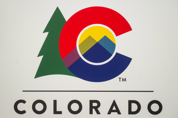 DENVER, COLORADO - MARCH 26: The new Colorado logo during a Governor Polis press conference Tuesday, March 26, 2019 in his office at the State Capitol. He also addressed policy questions. (Photo by Daniel Brenner/Special to the Denver Post)